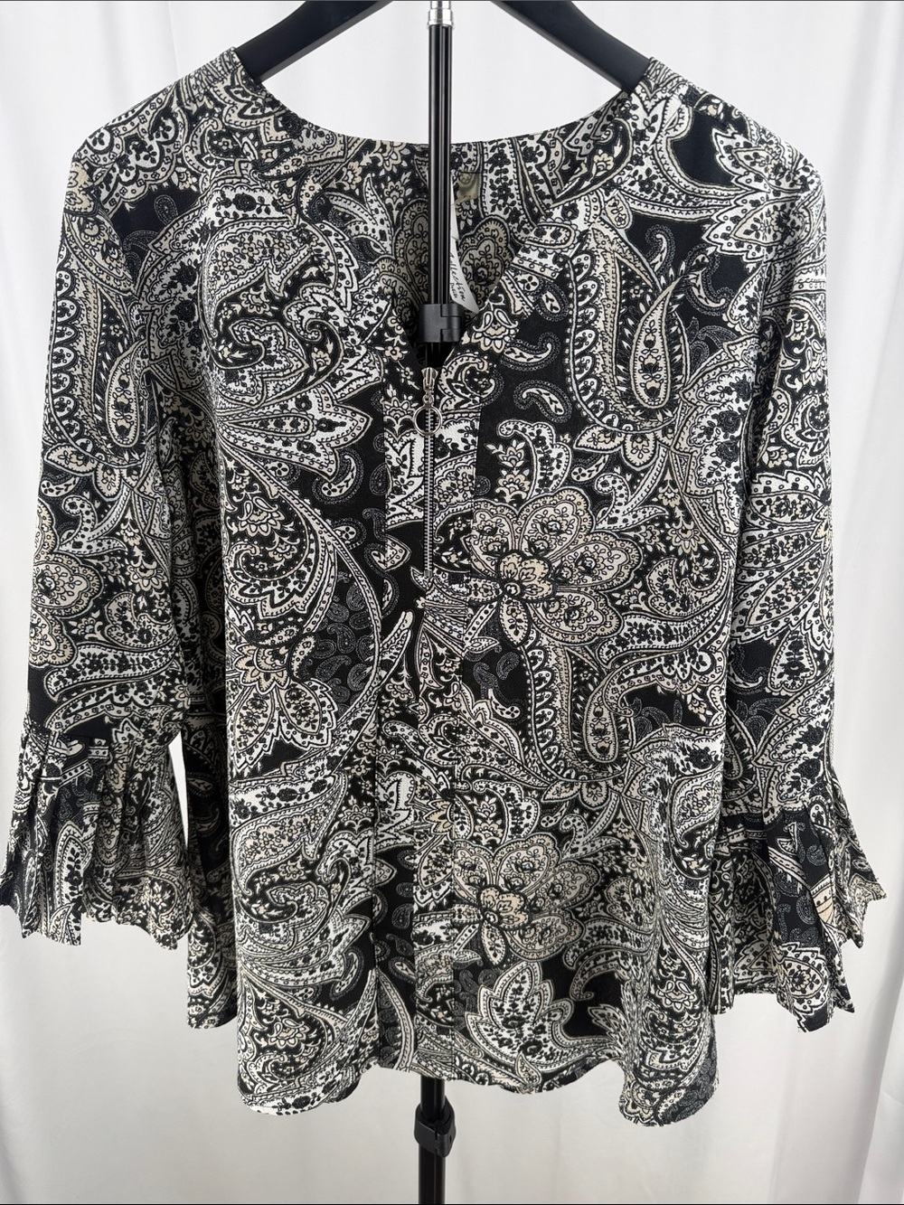 Black and Cream Paisley Bell-Sleeve Blouse